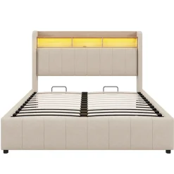 Redom Lit 140x200 cm avec rangement hydraulique et tête de lit LED, revêtu de lin beige au design contemporain