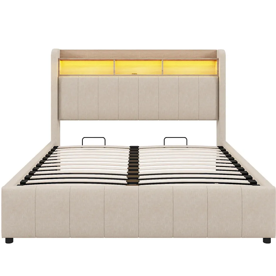 Redom Lit 140x200 cm avec rangement hydraulique et tête de lit LED, revêtu de lin beige au design contemporain
