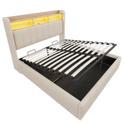 Redom Lit 140x200 cm avec rangement hydraulique et tête de lit LED, revêtu de lin beige au design contemporain