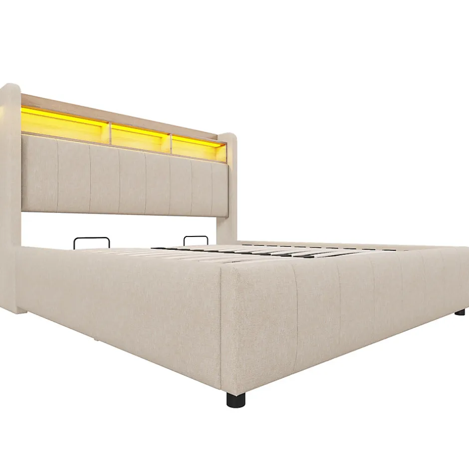 Redom Lit 140x200 cm avec rangement hydraulique et tête de lit LED, revêtu de lin beige au design contemporain