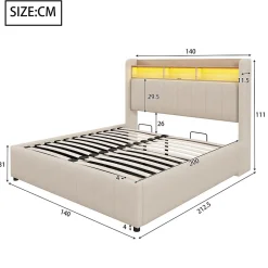 Redom Lit 140x200 cm avec rangement hydraulique et tête de lit LED, revêtu de lin beige au design contemporain