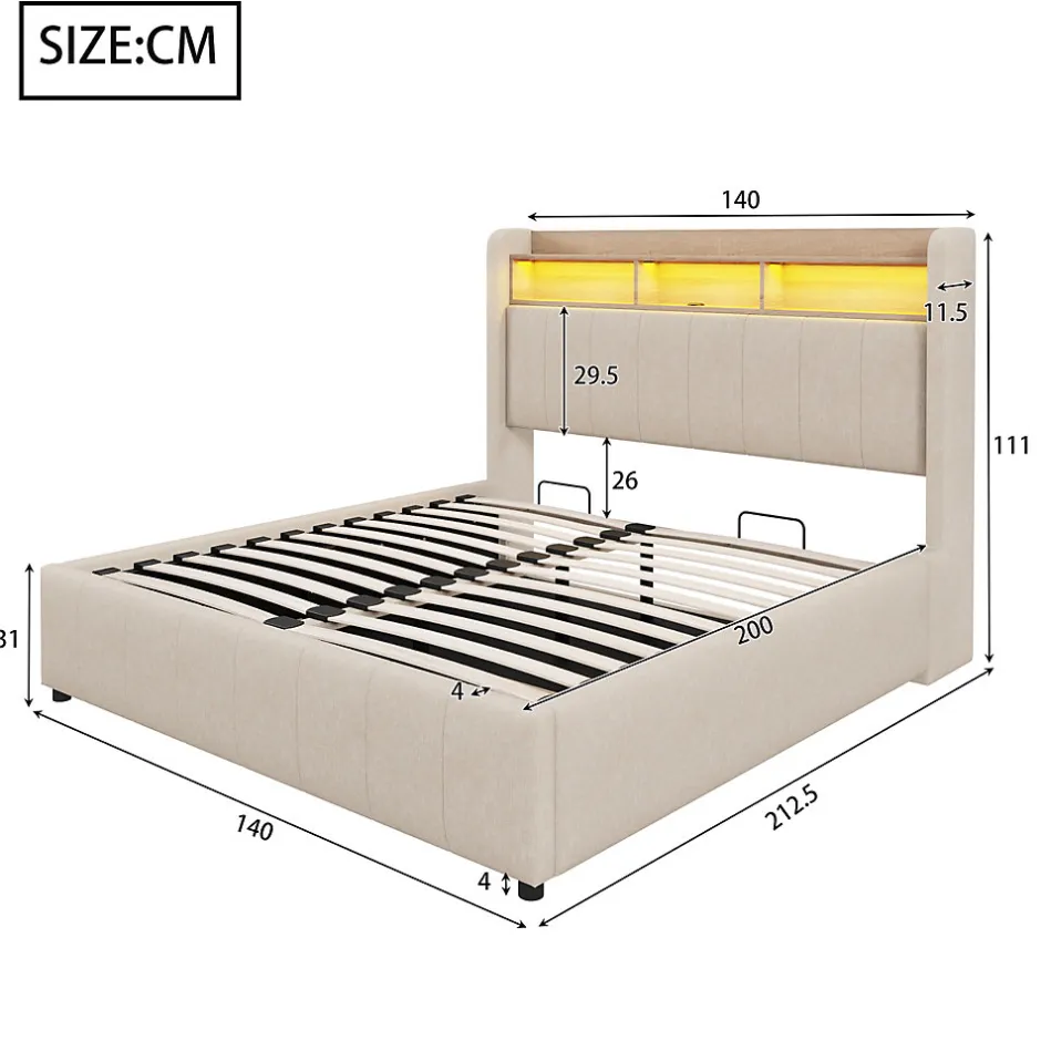 Redom Lit 140x200 cm avec rangement hydraulique et tête de lit LED, revêtu de lin beige au design contemporain