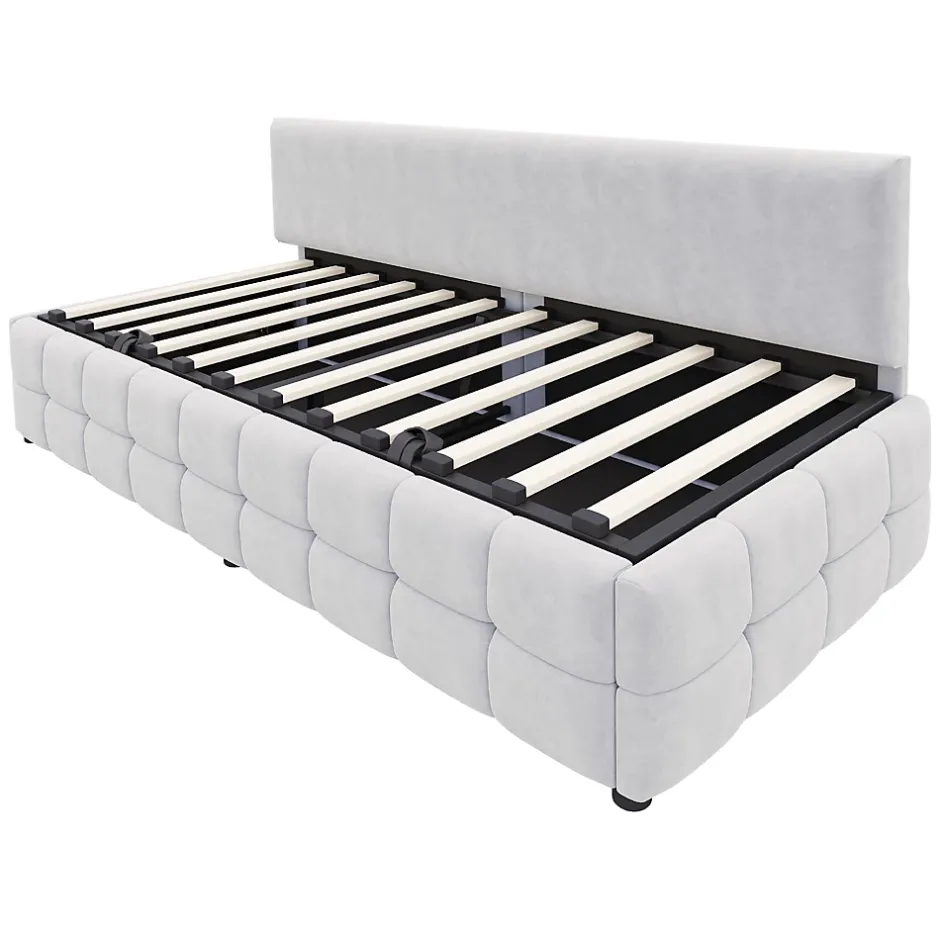 Redom Lit 90x200 cm avec rangement hydraulique, tapissé velours gris clair, sans accoudoirs, design moderne Sale