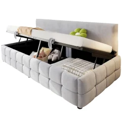 Redom Lit 90x200 cm avec rangement hydraulique, tapissé velours gris clair, sans accoudoirs, design moderne Sale