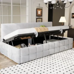 Redom Lit 90x200 cm avec rangement hydraulique, tapissé velours gris clair, sans accoudoirs, design moderne Sale
