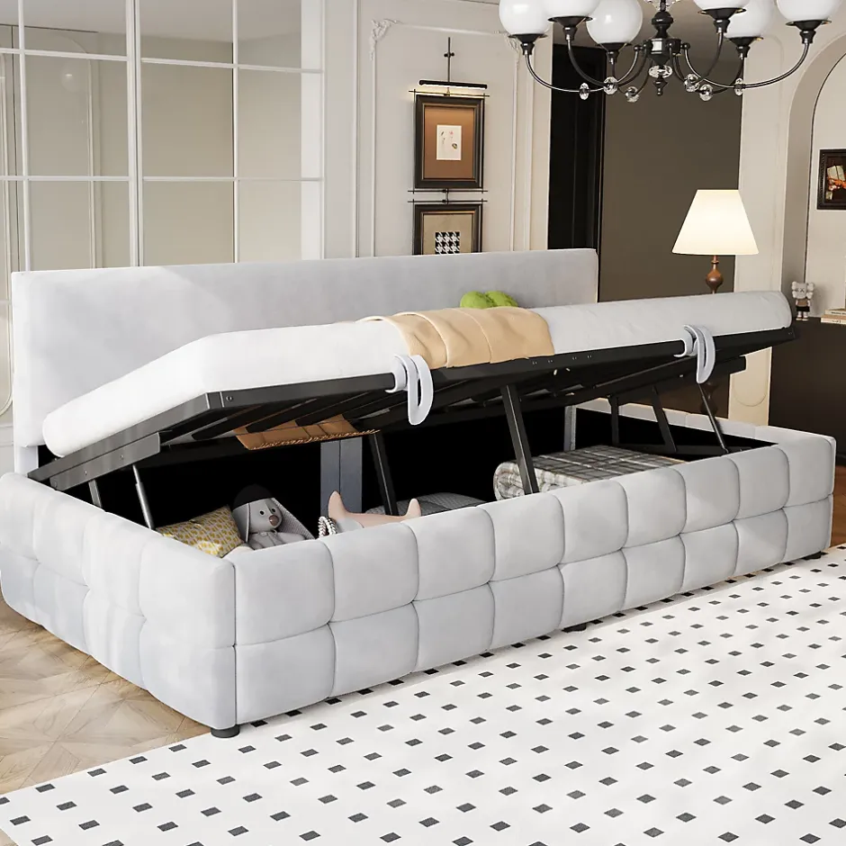 Redom Lit 90x200 cm avec rangement hydraulique, tapissé velours gris clair, sans accoudoirs, design moderne Sale