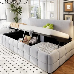 Redom Lit 90x200 cm avec rangement hydraulique, tapissé velours gris clair, sans accoudoirs, design moderne Sale