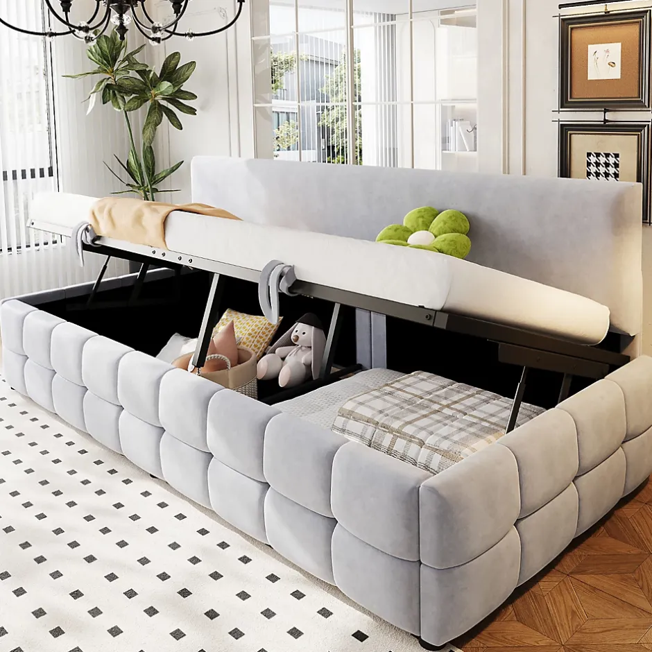 Redom Lit 90x200 cm avec rangement hydraulique, tapissé velours gris clair, sans accoudoirs, design moderne Sale