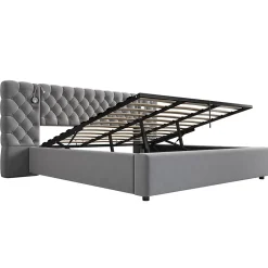 Redom Lit 180x200 cm avec rangement hydraulique, tête de lit capitonnée en velours gris et liseuse intégrée Sale