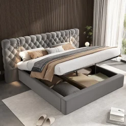 Redom Lit 180x200 cm avec rangement hydraulique, tête de lit capitonnée en velours gris et liseuse intégrée Sale