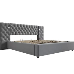 Redom Lit 180x200 cm avec rangement hydraulique, tête de lit capitonnée en velours gris et liseuse intégrée Sale