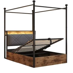 Redom Lit 90x190 cm avec rangement hydraulique, cadre métal noir, éclairage LED intégré et ports USB/Type-C Sale