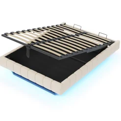 Redom Lit 140x200 cm avec rangement hydraulique et bande LED multicolore, tapissé lin beige, effet flottant design