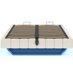 Redom Lit 140x200 cm avec rangement hydraulique et bande LED multicolore, tapissé lin beige, effet flottant design