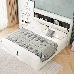 Redom Lit 160x200 cm avec rangement hydraulique et tête de lit coffre tapissée en PU blanc, design moderne Best