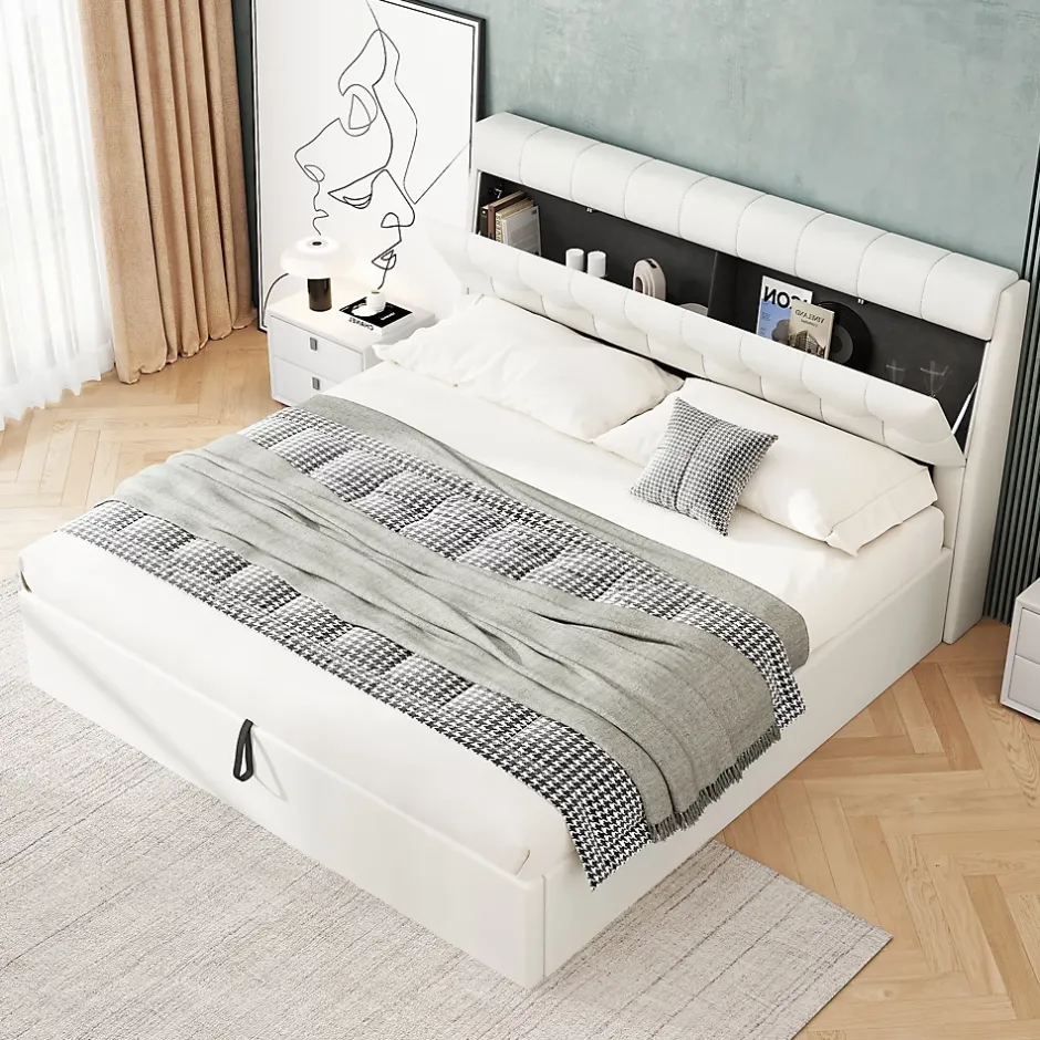Redom Lit 160x200 cm avec rangement hydraulique et tête de lit coffre tapissée en PU blanc, design moderne Best