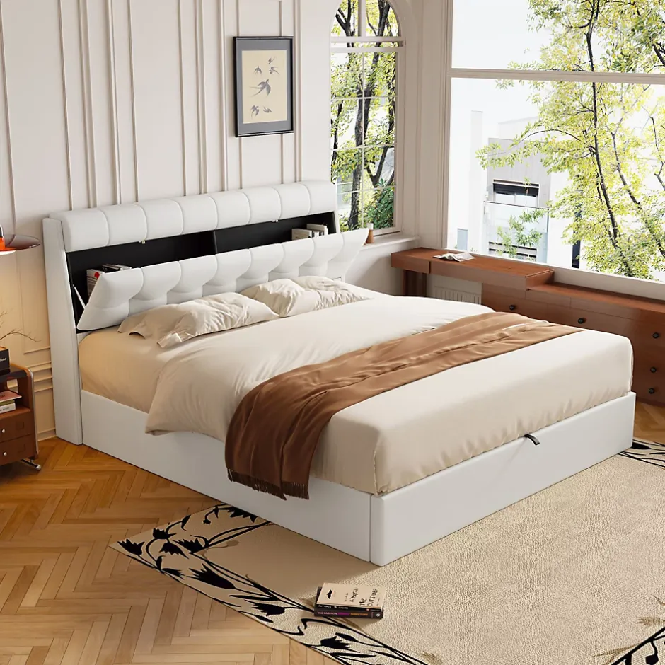 Redom Lit 160x200 cm avec rangement hydraulique et tête de lit coffre tapissée en PU blanc, design moderne Best