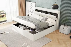 Redom Lit 160x200 cm avec rangement hydraulique et tête de lit coffre tapissée en PU blanc, design moderne Best