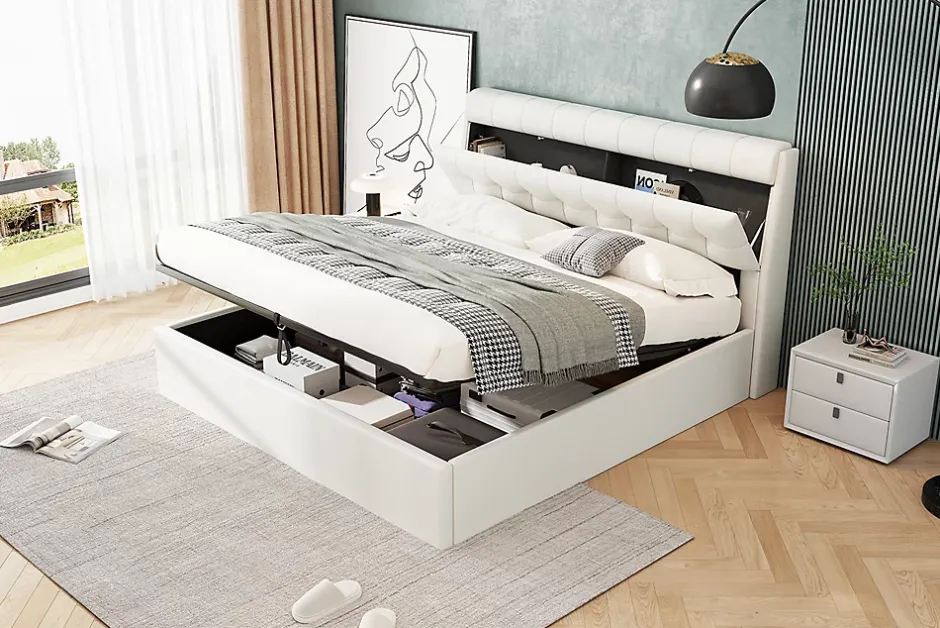 Redom Lit 160x200 cm avec rangement hydraulique et tête de lit coffre tapissée en PU blanc, design moderne Best