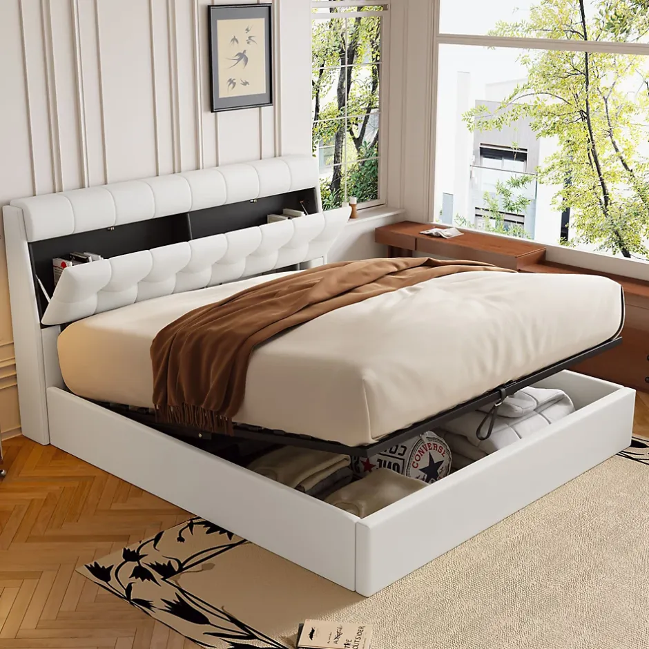 Redom Lit 160x200 cm avec rangement hydraulique et tête de lit coffre tapissée en PU blanc, design moderne Best