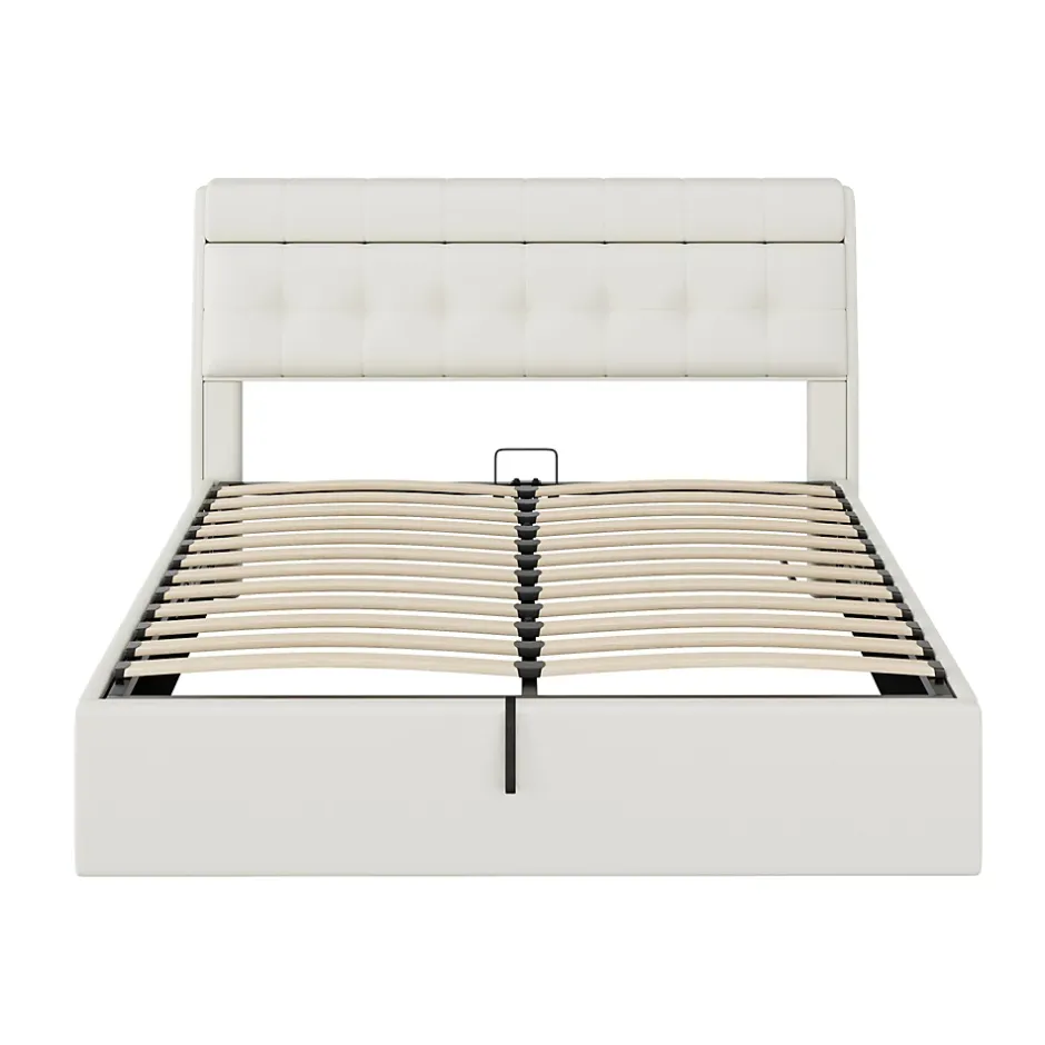 Redom Lit 160x200 cm avec rangement hydraulique et tête de lit coffre tapissée en PU blanc, design moderne Best