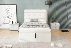 Redom Lit 90x200 cm avec rangement hydraulique et tête de lit capitonnée en PU blanc, cadre moderne et pratique Outlet