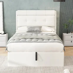 Redom Lit 90x200 cm avec rangement hydraulique et tête de lit capitonnée en PU blanc, cadre moderne et pratique Outlet