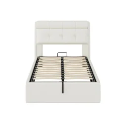 Redom Lit 90x200 cm avec rangement hydraulique et tête de lit capitonnée en PU blanc, cadre moderne et pratique Outlet