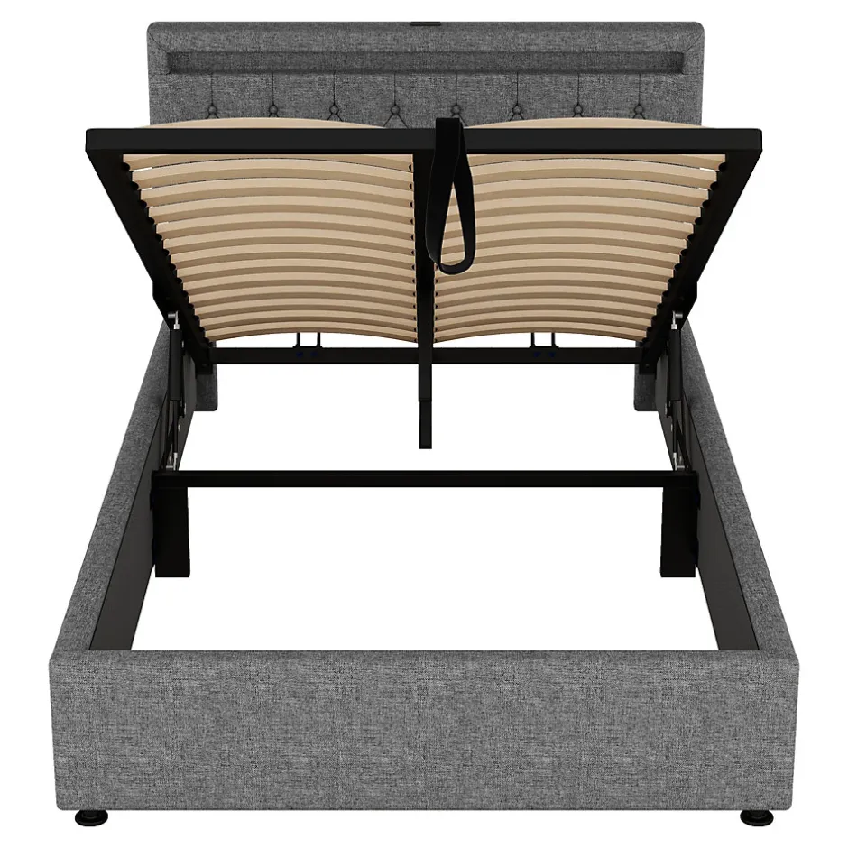 Redom Lit 140x200 cm avec rangement hydraulique, tête rembourrée en lin gris, éclairage LED et ports USB/USB-C New