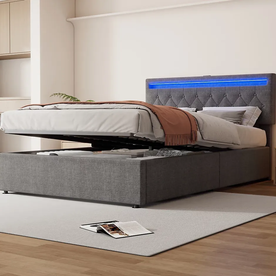 Redom Lit 140x200 cm avec rangement hydraulique, tête rembourrée en lin gris, éclairage LED et ports USB/USB-C New