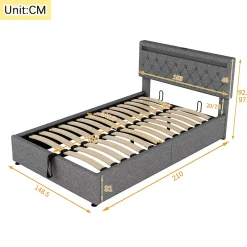 Redom Lit 140x200 cm avec rangement hydraulique, tête rembourrée en lin gris, éclairage LED et ports USB/USB-C New