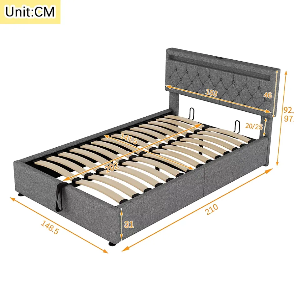 Redom Lit 140x200 cm avec rangement hydraulique, tête rembourrée en lin gris, éclairage LED et ports USB/USB-C New