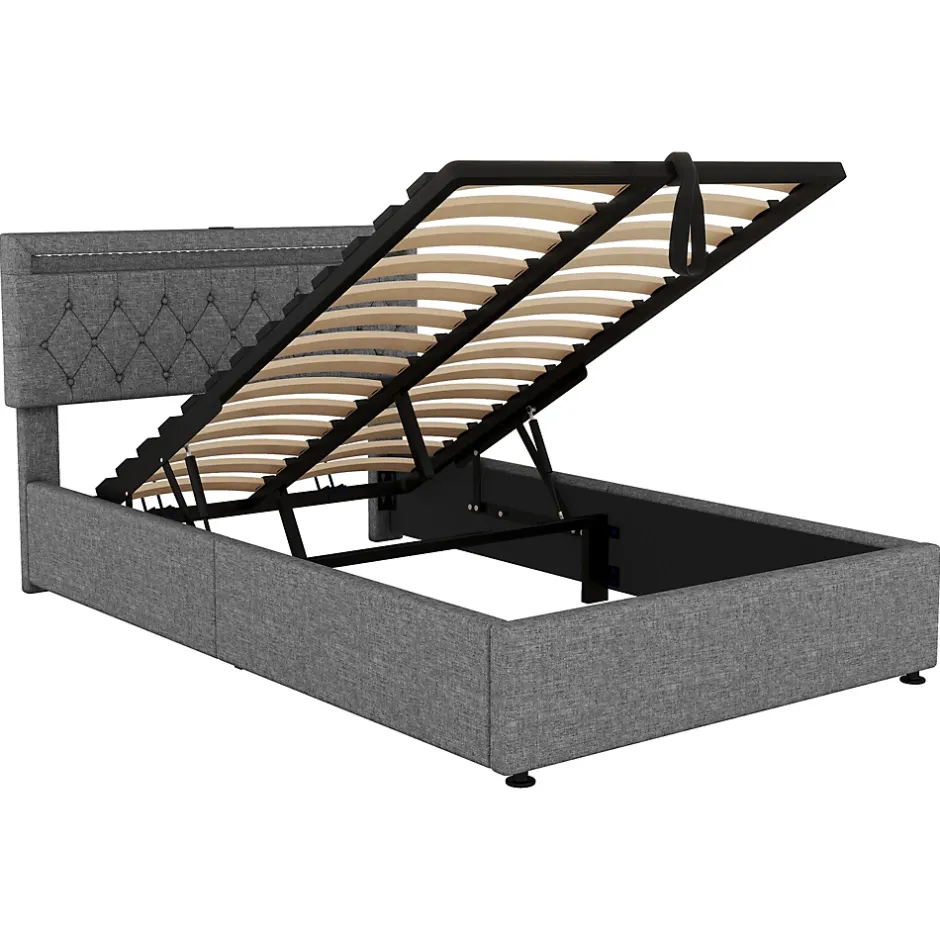 Redom Lit 140x200 cm avec rangement hydraulique, tête rembourrée en lin gris, éclairage LED et ports USB/USB-C New