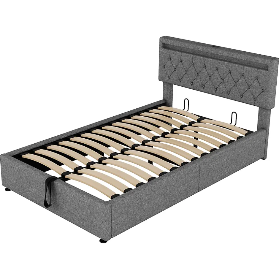Redom Lit 140x200 cm avec rangement hydraulique, tête rembourrée en lin gris, éclairage LED et ports USB/USB-C New