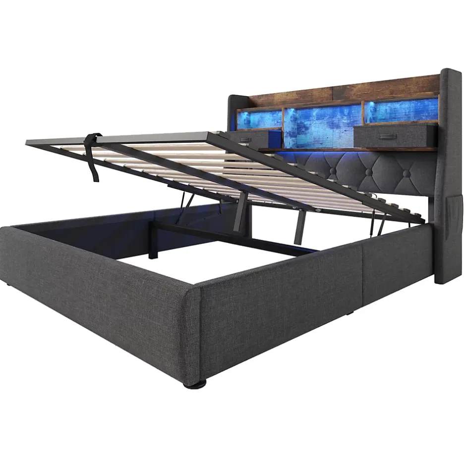 Redom Lit 140x200 cm avec rangement hydraulique, tête de lit LED multicolore, ports de charge et tissu lin gris New