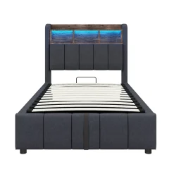 Redom Lit 90x200 cm avec rangement hydraulique et éclairage led, tapissé lin gris, cadre métal robuste Discount