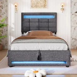 Redom Lit 90x200 cm avec rangement hydraulique et éclairage LED 16 couleurs, tapissé lin gris, tête de lit carrée Discount