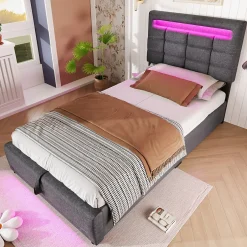 Redom Lit 90x200 cm avec rangement hydraulique et éclairage LED 16 couleurs, tapissé lin gris, tête de lit carrée Discount