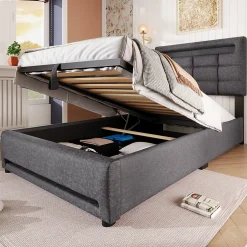 Redom Lit 90x200 cm avec rangement hydraulique et éclairage LED 16 couleurs, tapissé lin gris, tête de lit carrée Discount