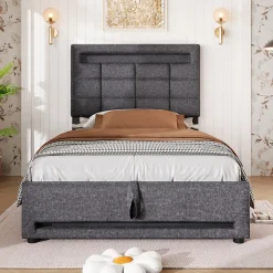 Redom Lit 90x200 cm avec rangement hydraulique et éclairage LED 16 couleurs, tapissé lin gris, tête de lit carrée Discount