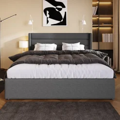 Redom Lit 160x200 cm avec rangement hydraulique et tête de lit rembourrée en lin gris, cadre solide, style moderne