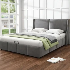 Redom Lit 160x200 cm avec rangement hydraulique et tête de lit capitonnée en velours gris, design classique-moderne