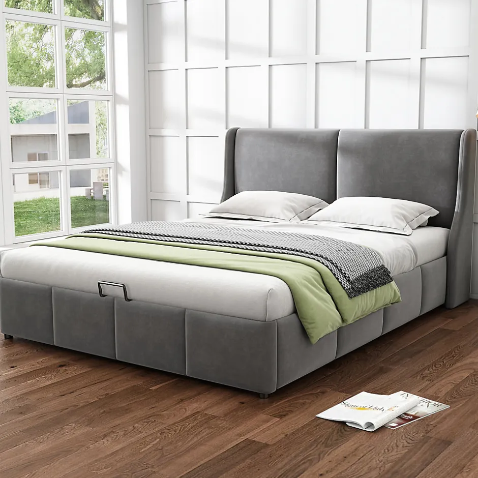 Redom Lit 160x200 cm avec rangement hydraulique et tête de lit capitonnée en velours gris, design classique-moderne