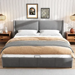 Redom Lit 160x200 cm avec rangement hydraulique et tête de lit capitonnée en velours gris, design classique-moderne