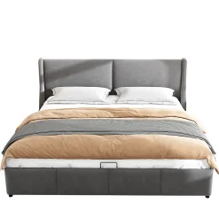 Redom Lit 160x200 cm avec rangement hydraulique et tête de lit capitonnée en velours gris, design classique-moderne