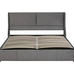 Redom Lit 160x200 cm avec rangement hydraulique et tête de lit capitonnée en velours gris, design classique-moderne