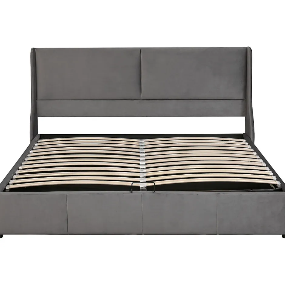 Redom Lit 160x200 cm avec rangement hydraulique et tête de lit capitonnée en velours gris, design classique-moderne