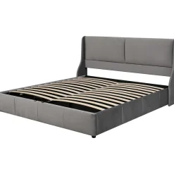Redom Lit 160x200 cm avec rangement hydraulique et tête de lit capitonnée en velours gris, design classique-moderne
