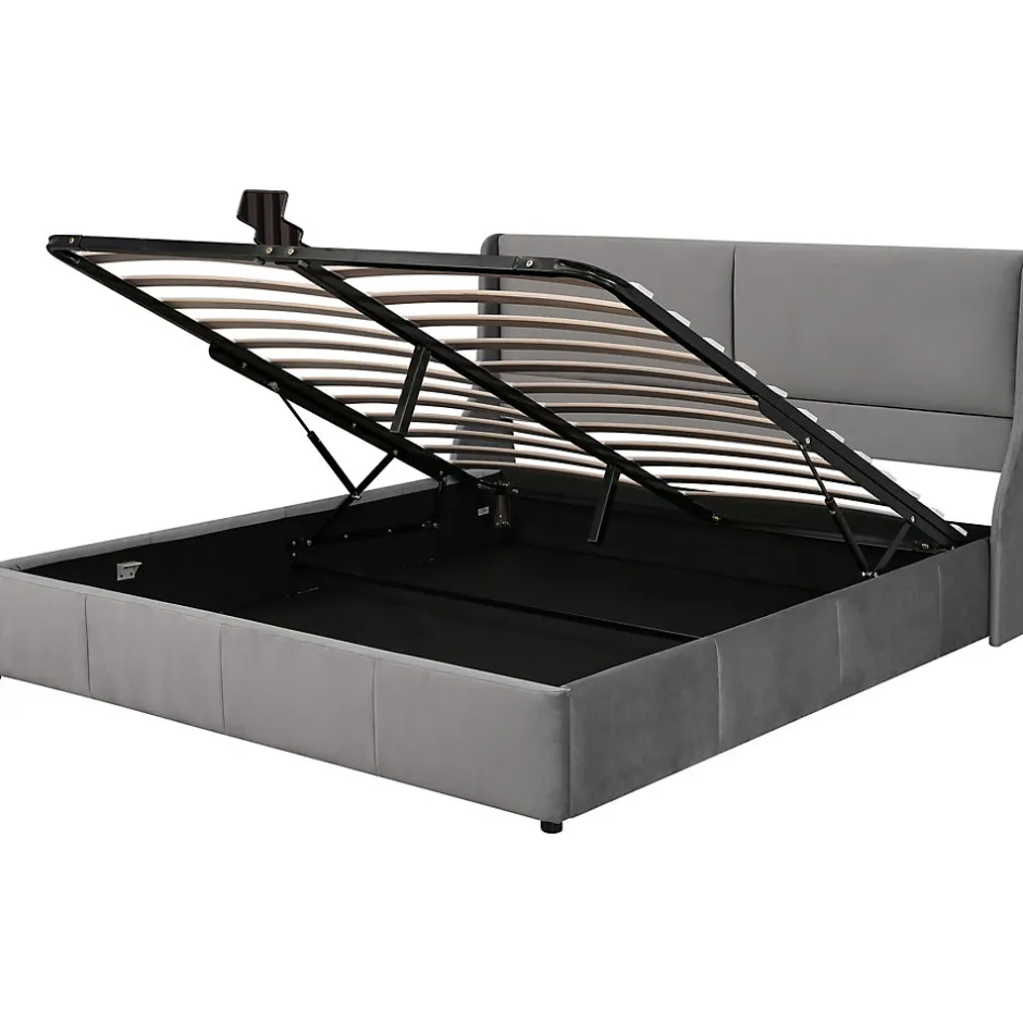 Redom Lit 160x200 cm avec rangement hydraulique et tête de lit capitonnée en velours gris, design classique-moderne