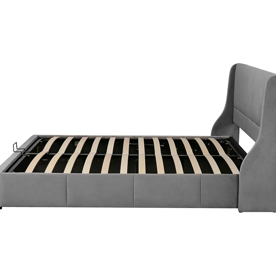 Redom Lit 160x200 cm avec rangement hydraulique et tête de lit capitonnée en velours gris, design classique-moderne